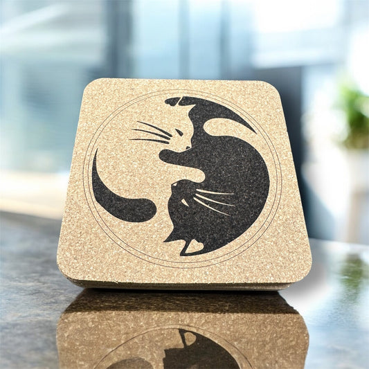 Cat Ying Yang Peace Cork Coaster Decor Barware 1pc