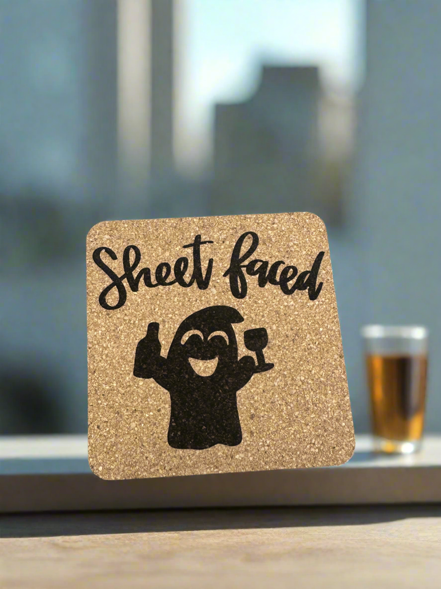 Sheet Faced 4 Pack Cork coasters Funny Drink Pun Decor