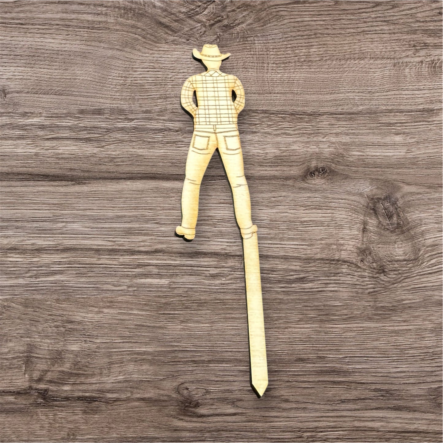 The Peeing Cowboy Plant Stake Funny Decor 4.25 in. Wooden Laser Engraved