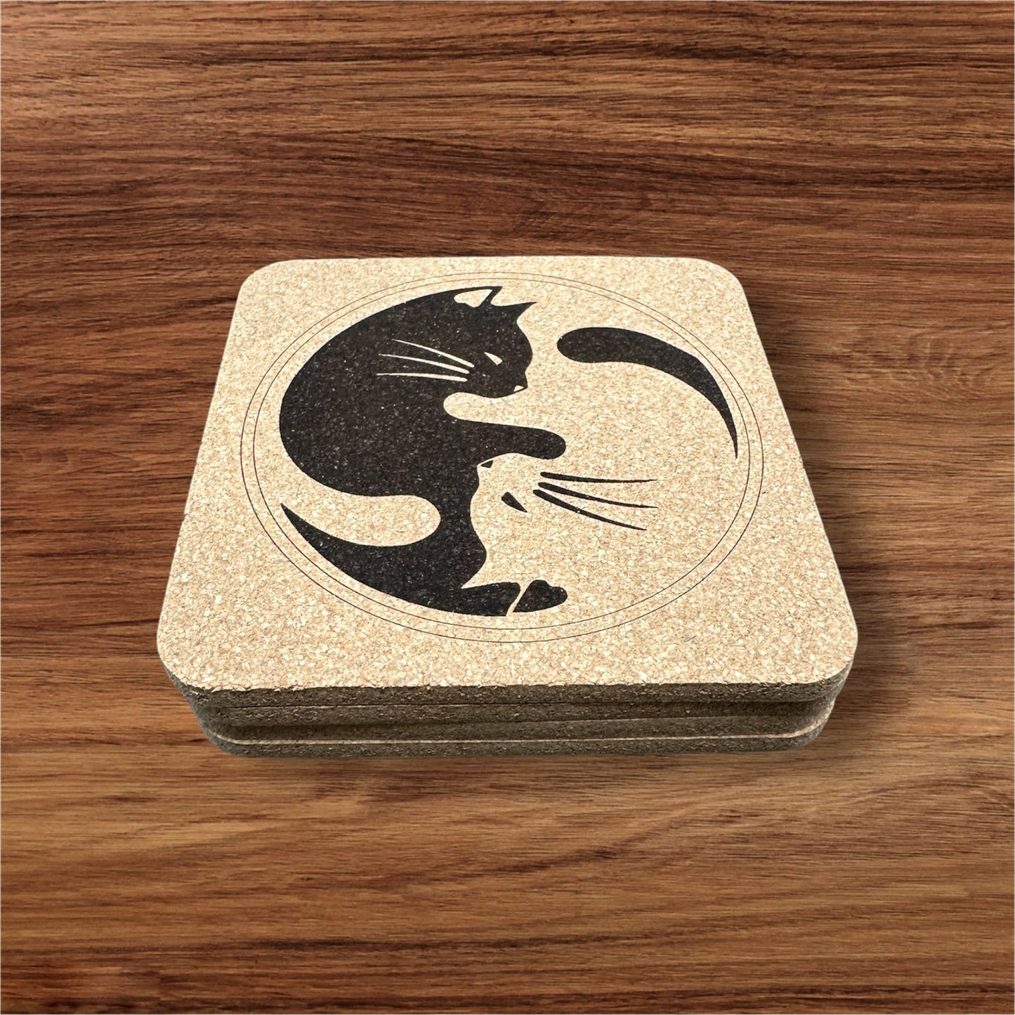 Cat Ying Yang Peace Cork Coaster Decor Barware 1pc