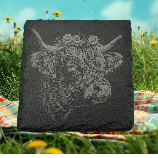 Set Of 4 Highlands Cow Queen Slate Coaster 4 Inch